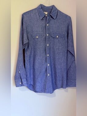 Club Monaco Men's Blue 💯Linen Slim Fit Button-Down Shirt with Flap Chest Pockets